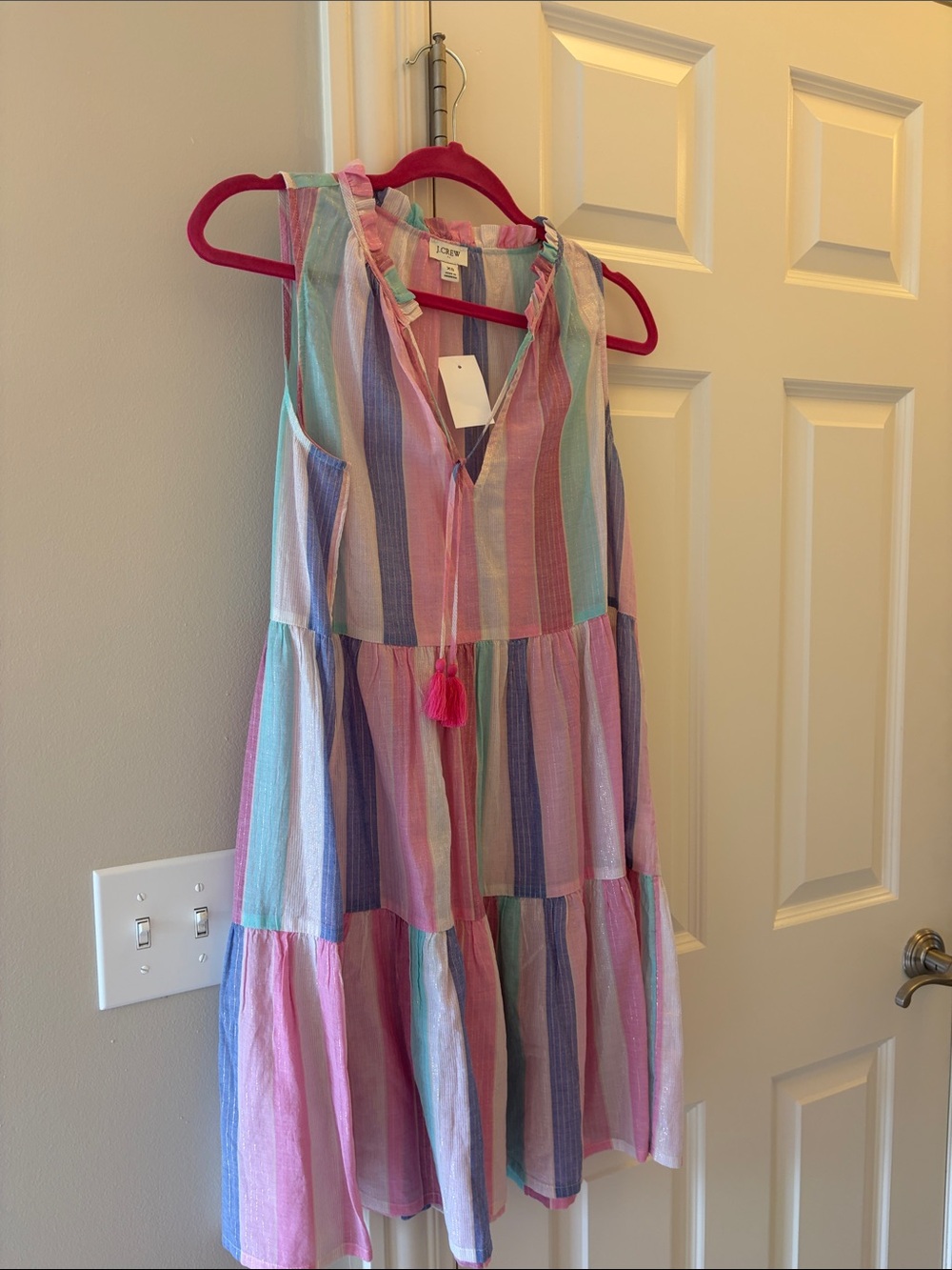 J. Crew Pastel Multi-Stripe Tiered Dress with Tassel